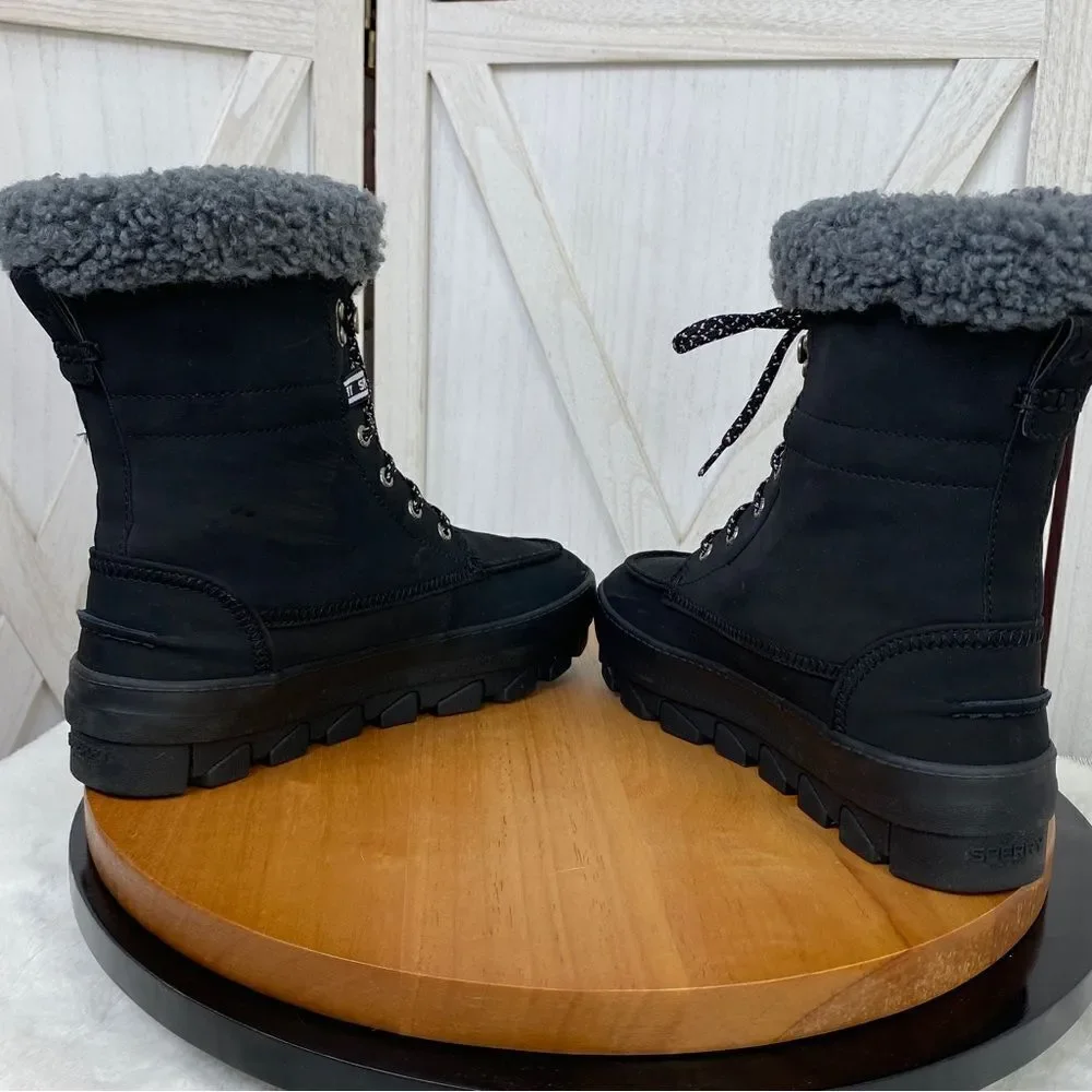 Sperry Juneau Lace Up‎ Winter Boots Black Gray 8 STS86817